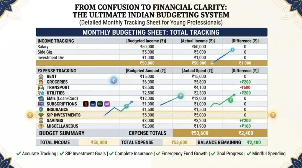 detailed budgeting sheet India expenses tracking