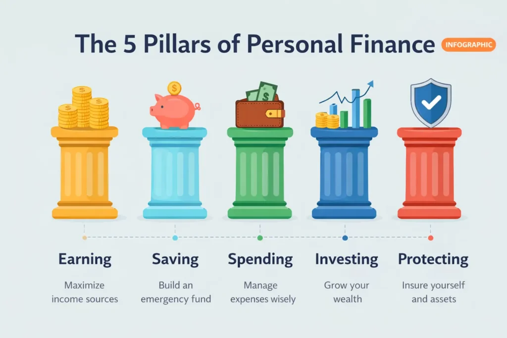 Five pillars of personal finance income budgeting saving investing protection