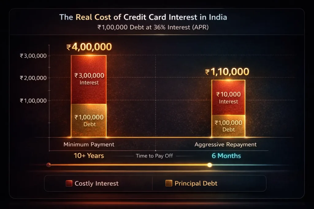 Example showing how ₹100000 credit card debt grows with 36 percent interest versus faster repayment strategy in India