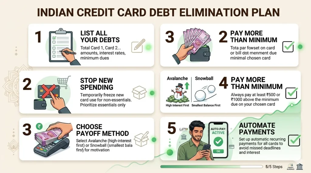 Step-by-step checklist to pay off credit card debt in India including stopping spending, choosing strategy and paying more than minimum