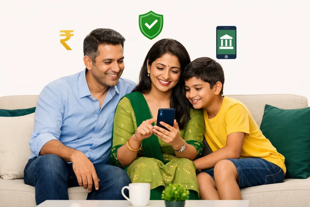 Family using UPI and mobile banking in India. India Bank Rules 2026