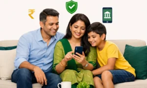 Family using UPI and mobile banking in India
