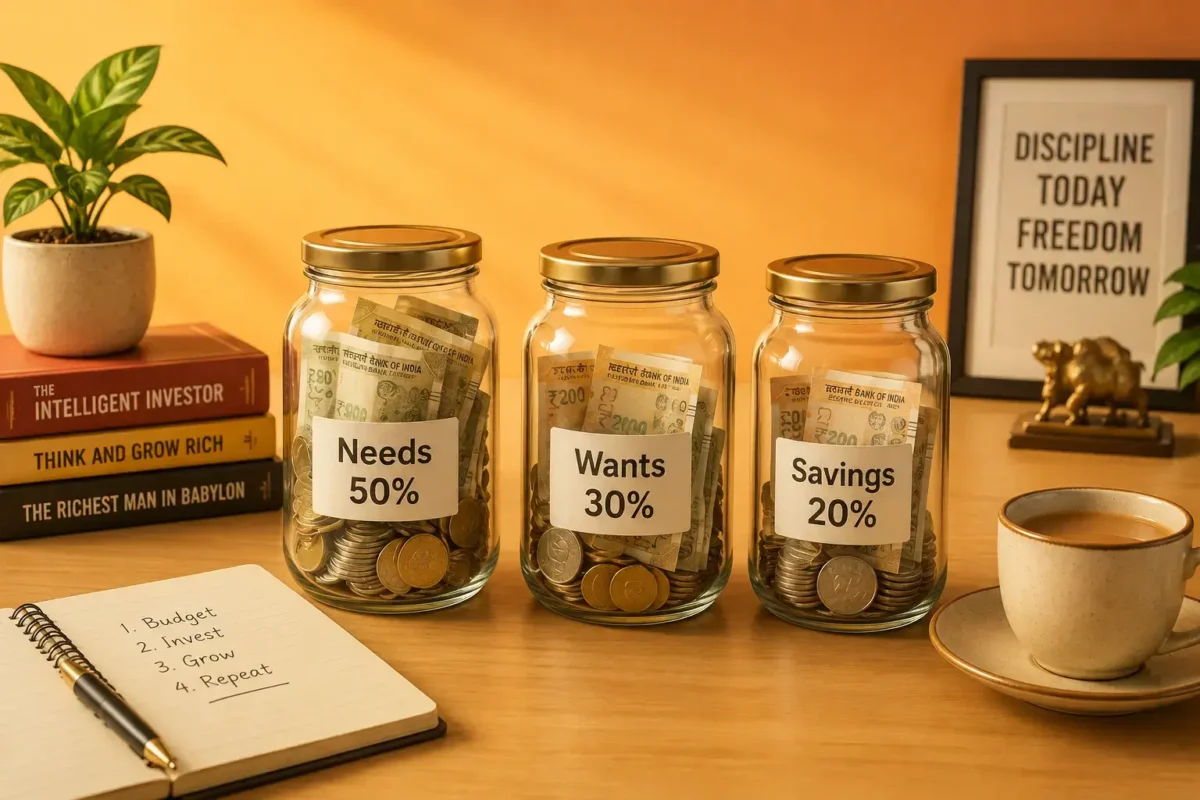 50 30 20 rule india showing three colored jars for needs, wants, and savings