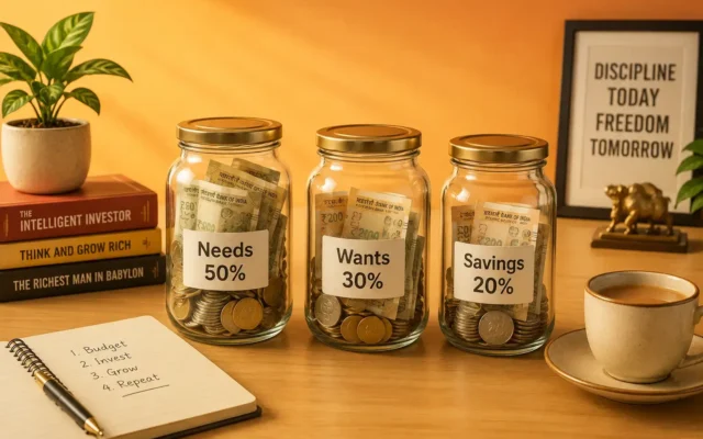 50 30 20 rule india showing three colored jars for needs, wants, and savings