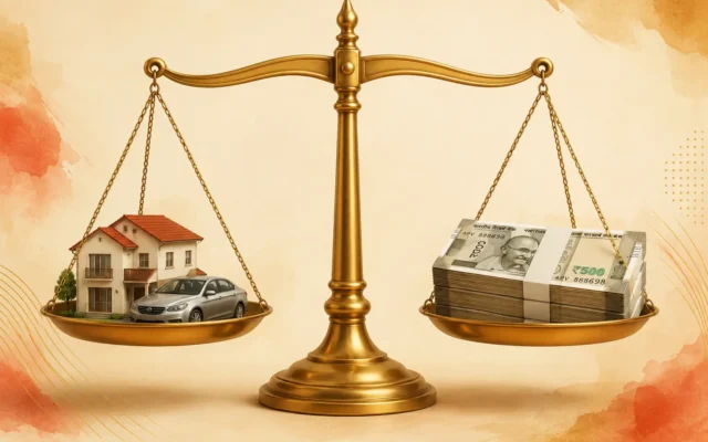 A balanced scale showing a house and car on one side and a stack of Indian Rupee notes on the other, representing a healthy debt to income ratio India.