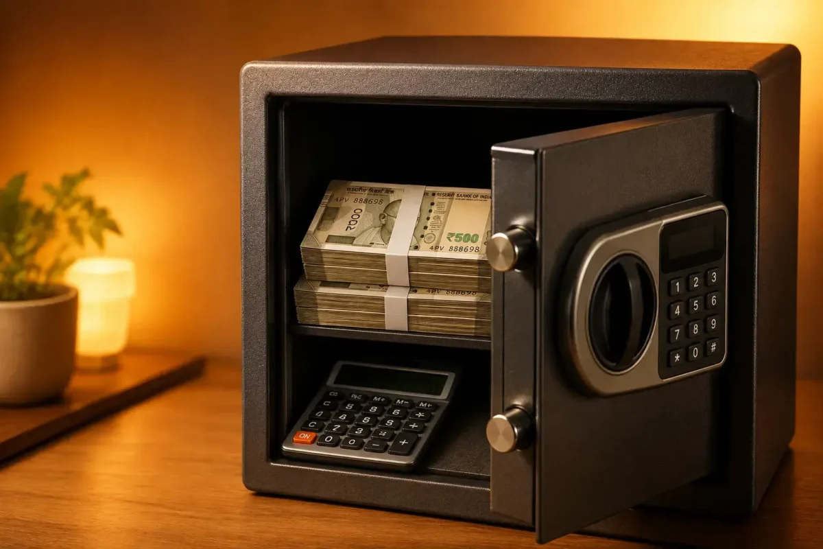 A secure home safe with Indian rupee notes and a calculator, representing an emergency fund calculator India concept.