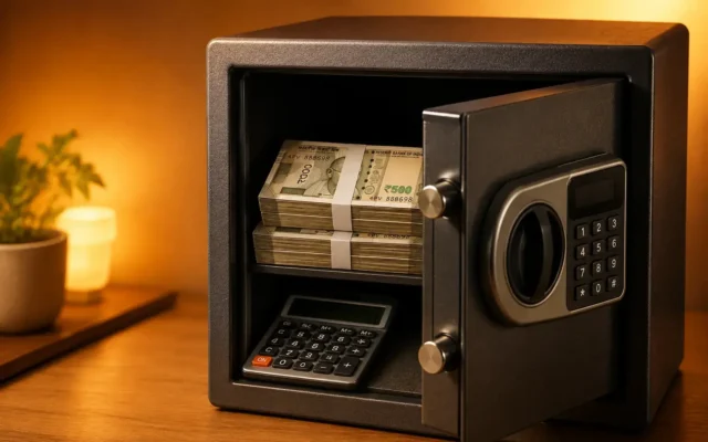 A secure home safe with Indian rupee notes and a calculator, representing an emergency fund calculator India concept.