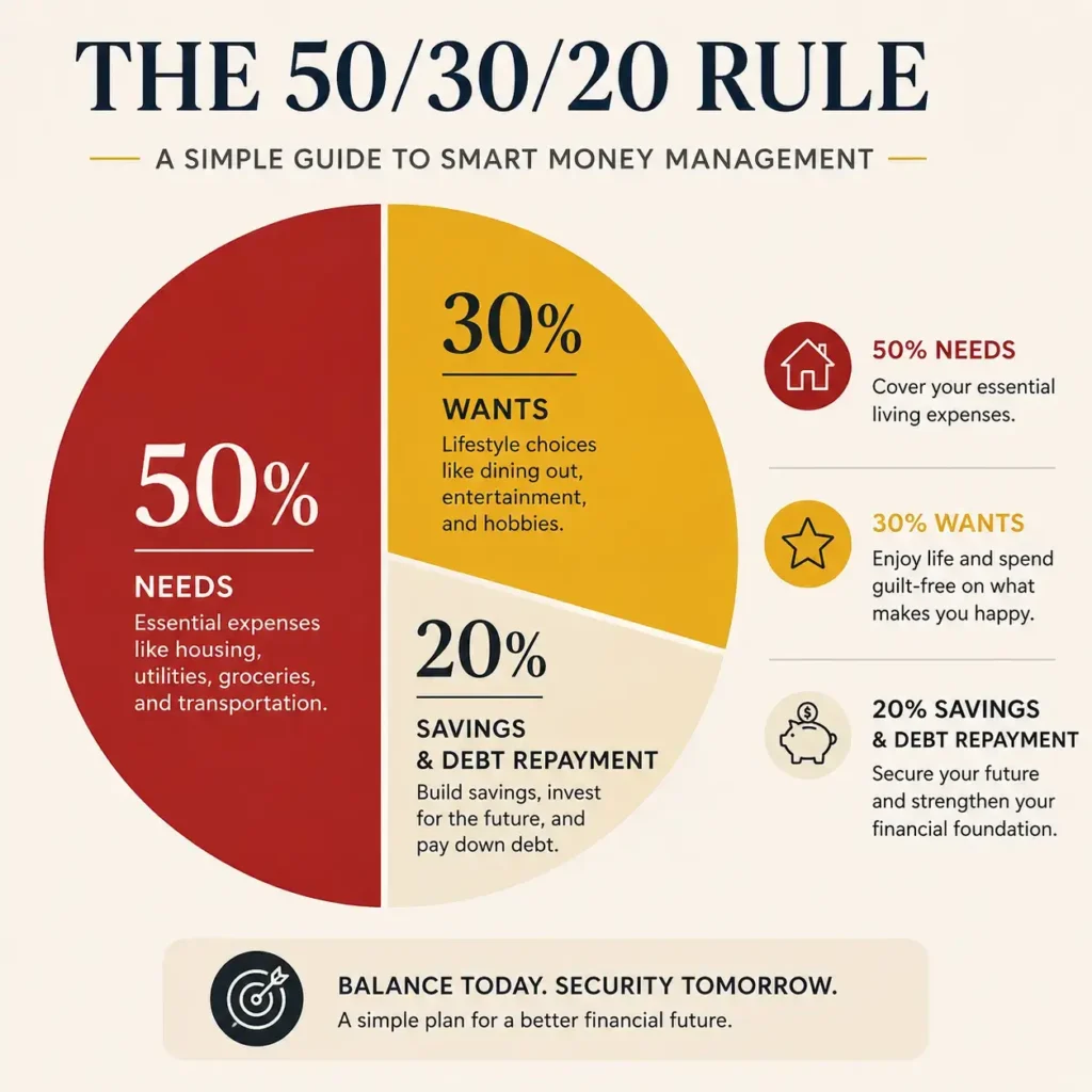 A pie chart showing the 50 30 20 rule india split for an Indian salary