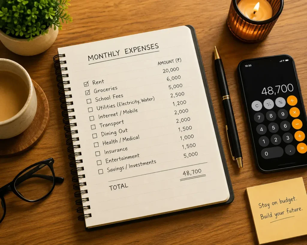 A notebook showing calculations for a monthly survival budget in India.
