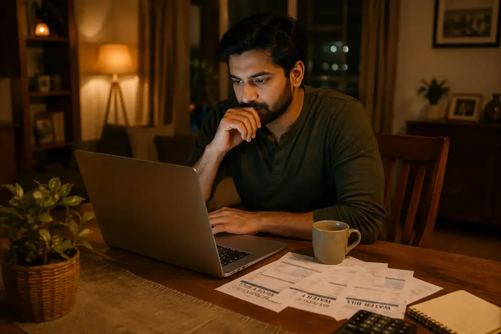 An Indian professional looking stressed while reviewing bills on a laptop, highlighting the need for an emergency fund.