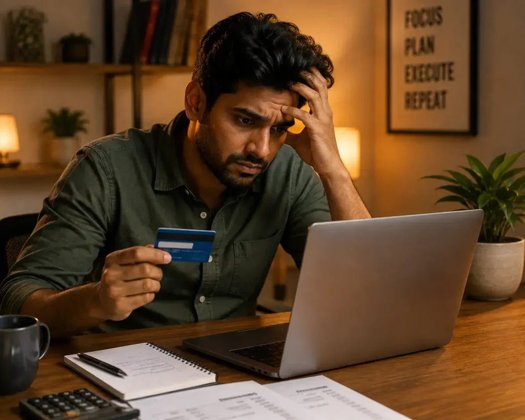 A frustrated Indian man looking at his laptop screen with a credit card in hand, illustrating the concept of credit card closure delayed bank compensation India.