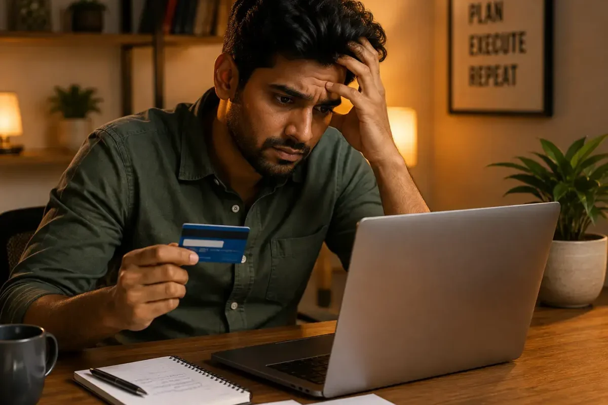 A frustrated Indian man looking at his laptop screen with a credit card in hand, illustrating the concept of credit card closure delayed bank compensation India.