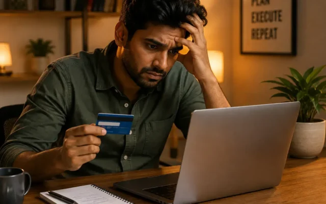 A frustrated Indian man looking at his laptop screen with a credit card in hand, illustrating the concept of credit card closure delayed bank compensation India.