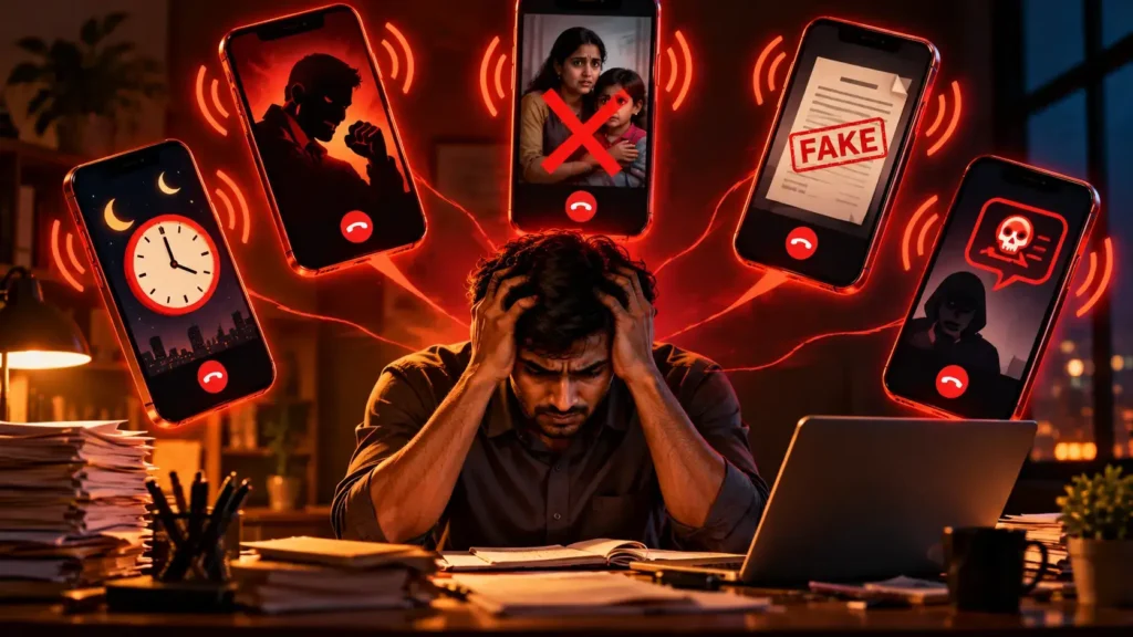A person overwhelmed by ringing phones with red danger symbols, representing warning signs of harassment
