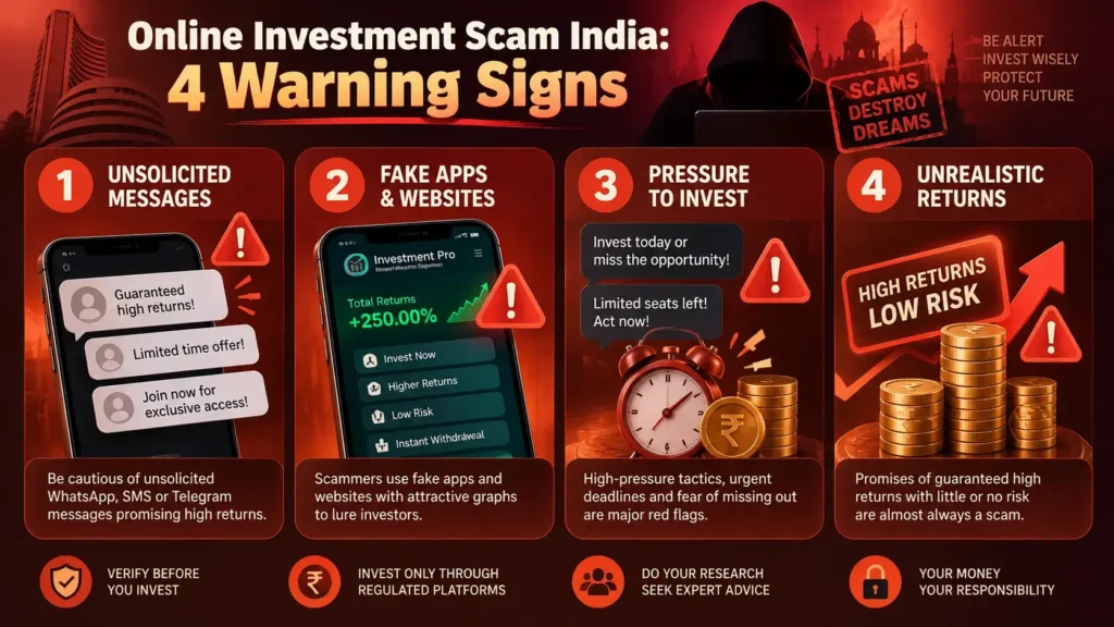 Online investment scam India warning signs infographic showing fraud indicators