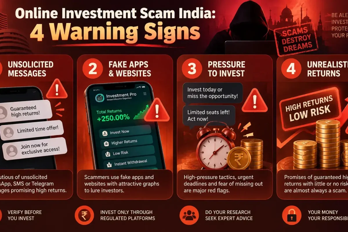 Online investment scam India warning signs infographic showing fraud indicators