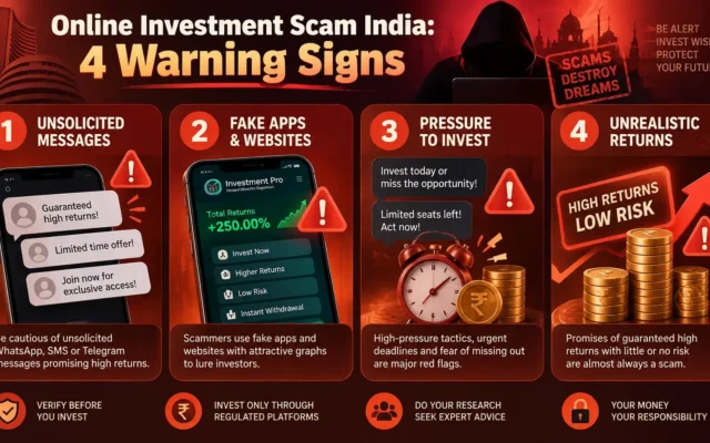 Online investment scam India warning signs infographic showing fraud indicators