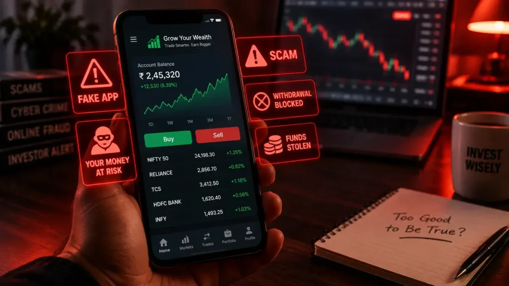 A smartphone showing a fake trading app scam India interface with warning red flags