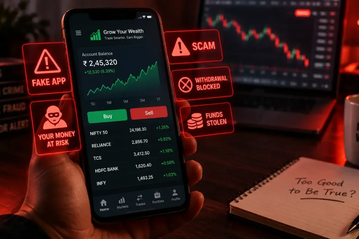 A smartphone showing a fake trading app scam India interface with warning red flags