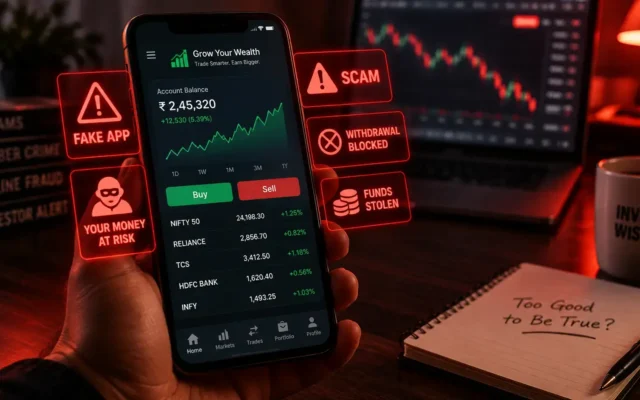 A smartphone showing a fake trading app scam India interface with warning red flags