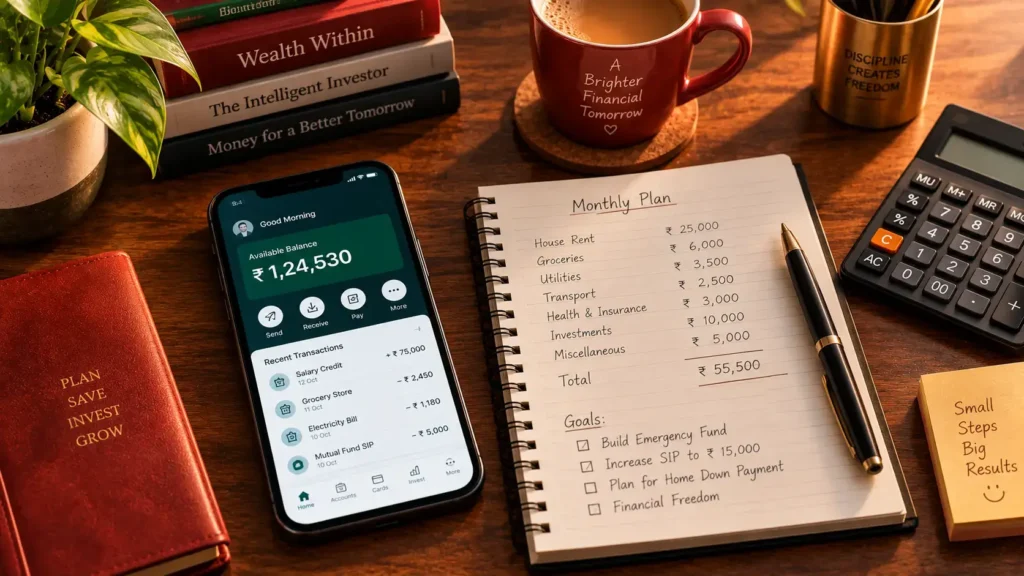 EPF advance rules India guide showing a smartphone with provident fund application details beside a calculator and passbook