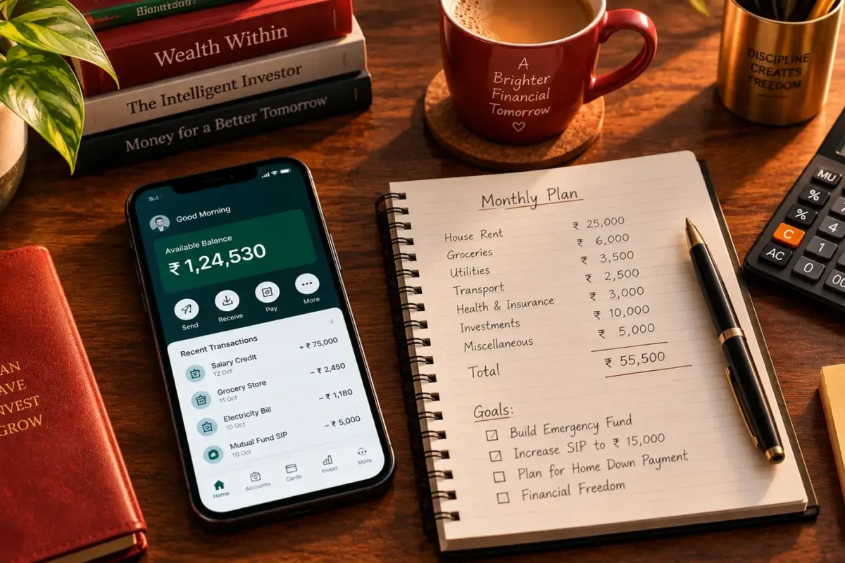EPF advance rules India guide showing a smartphone with provident fund application details beside a calculator and passbook