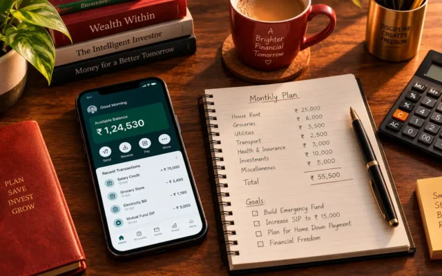 EPF advance rules India guide showing a smartphone with provident fund application details beside a calculator and passbook