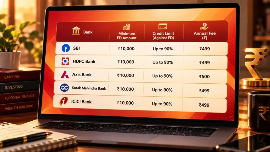  Comparison table of FD-backed credit cards across Indian banks showing eligibility criteria