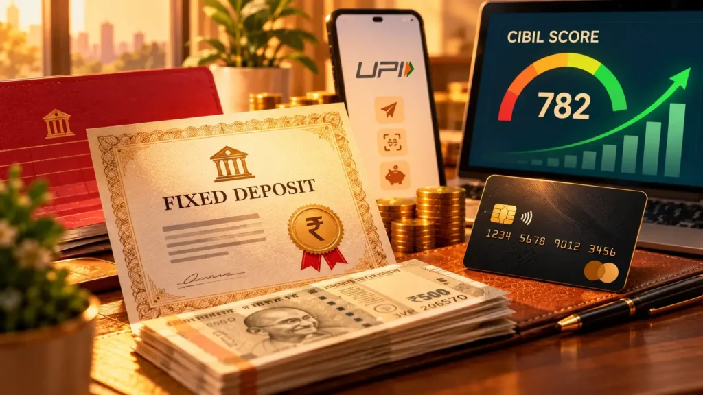 FD-backed credit card India eligibility and benefits explained with Indian currency and fixed deposit visual
