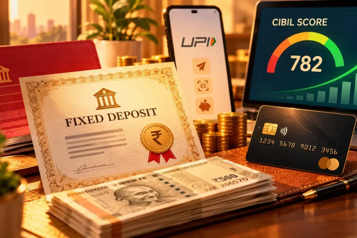 FD-backed credit card India eligibility and benefits explained with Indian currency and fixed deposit visual