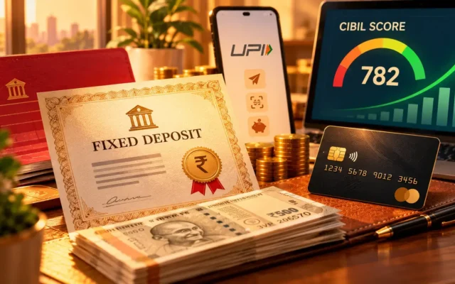 FD-backed credit card India eligibility and benefits explained with Indian currency and fixed deposit visual