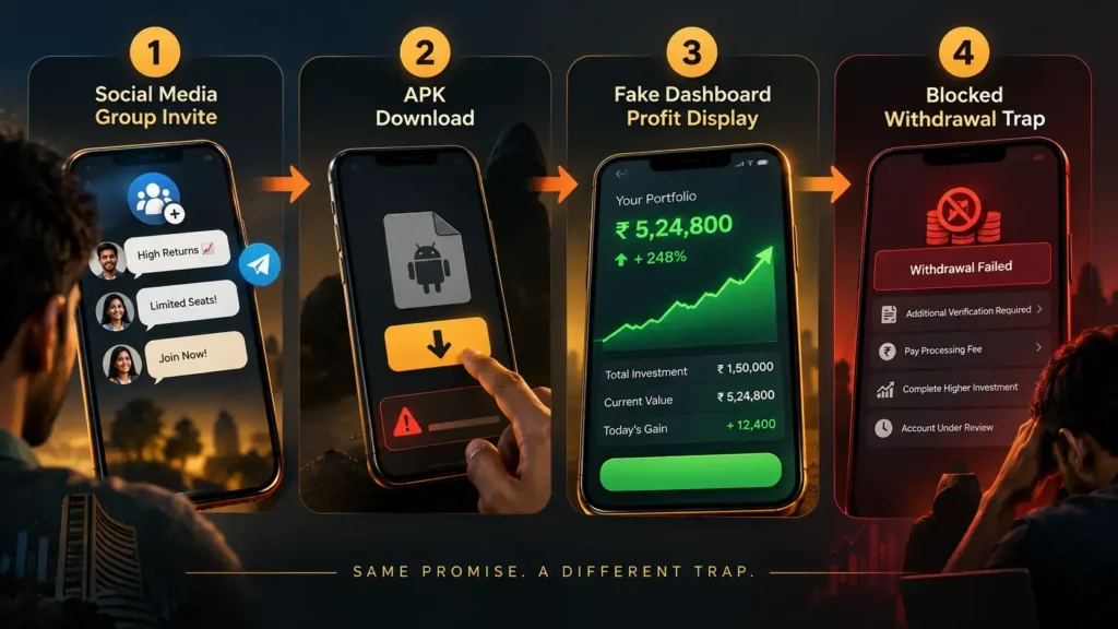 Diagram showing the step by step process of illegal investment apps scams in India.