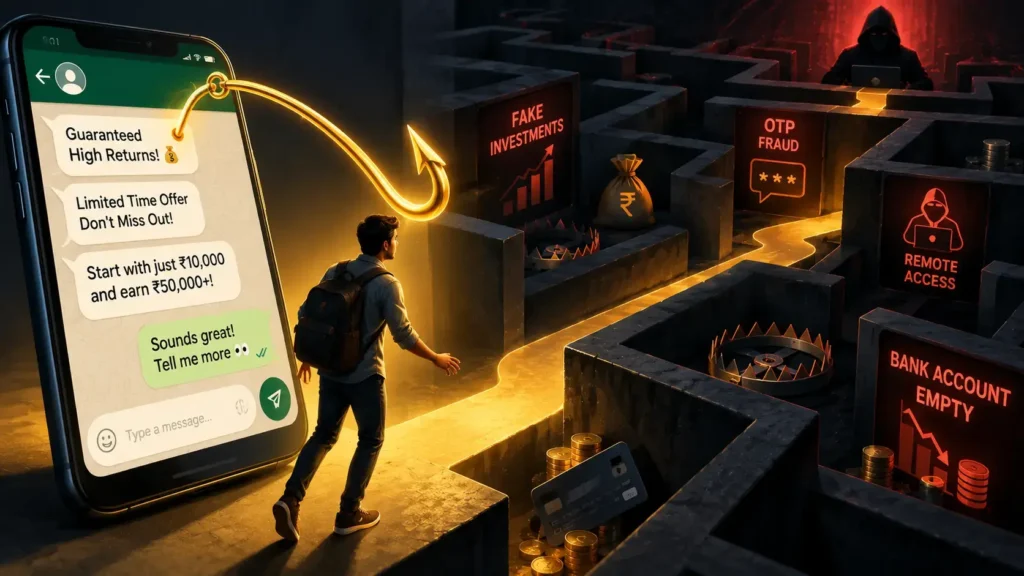 A conceptual flow diagram showing the steps of a fake trading app scam India