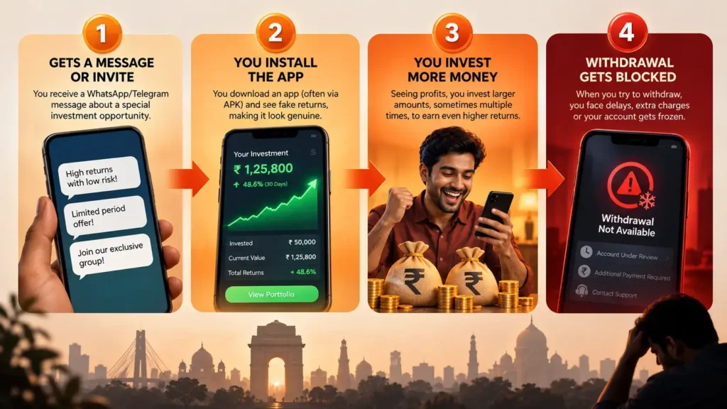 Step-by-step visualization of online investment scam process in India