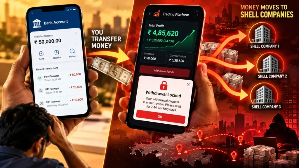 Fake trading app dashboard manipulating user funds in trading app scam India