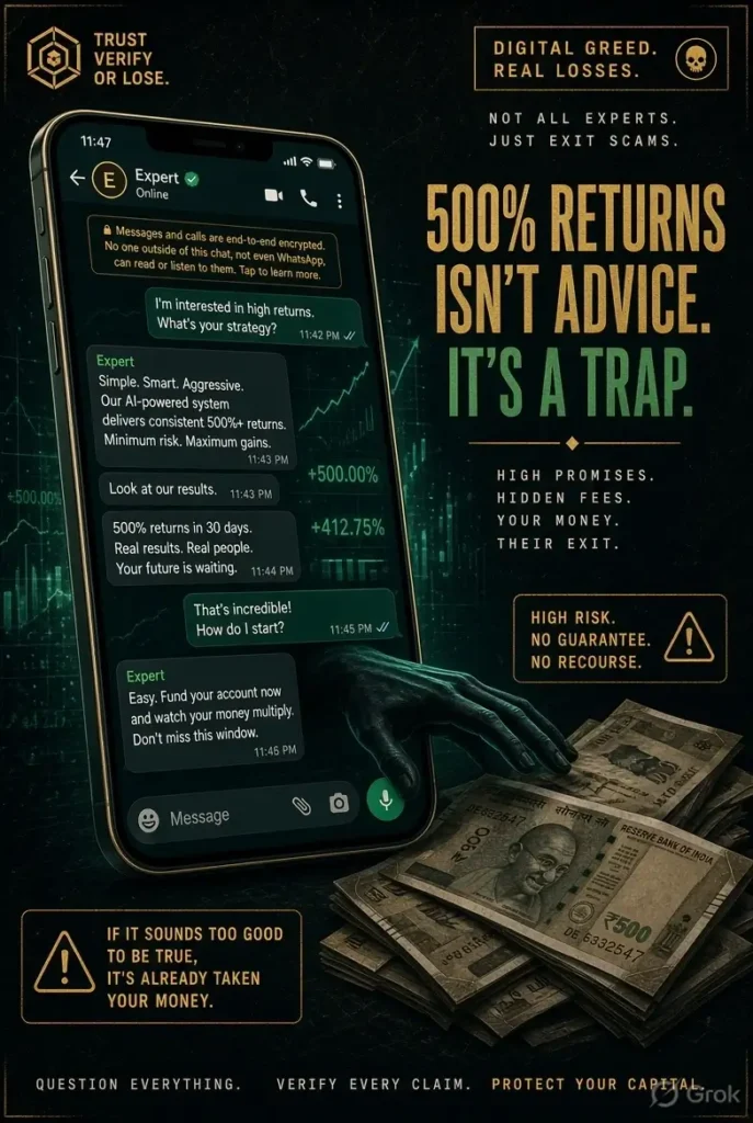 A conceptual graphic illustrating a fake WhatsApp group chat offering fake stock tips