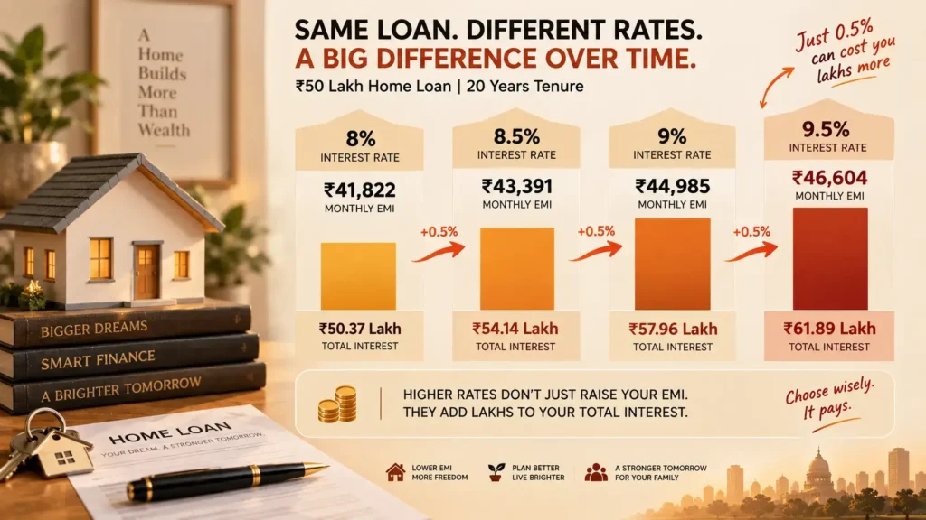 Chart comparing home loan EMI and total interest at different rates in India