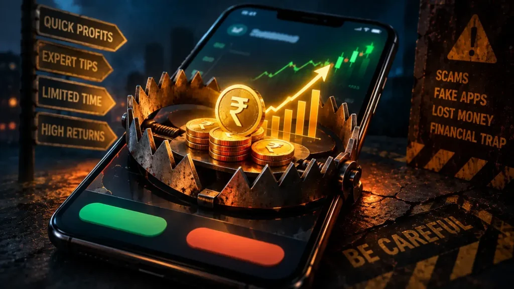 A conceptual illustration of a digital trap representing a fake investment app scam India.