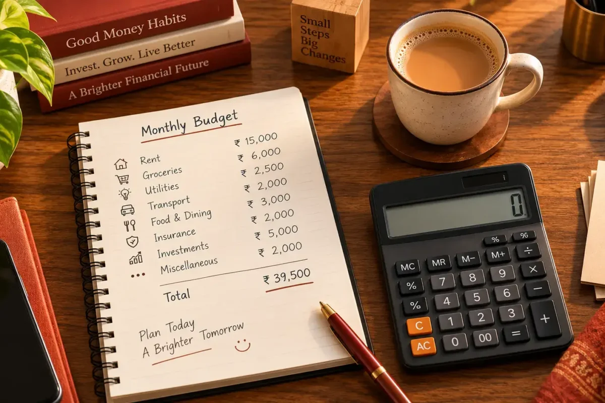 A practical guide to budget on 30000 salary India showing a calculator and Indian rupee notes
