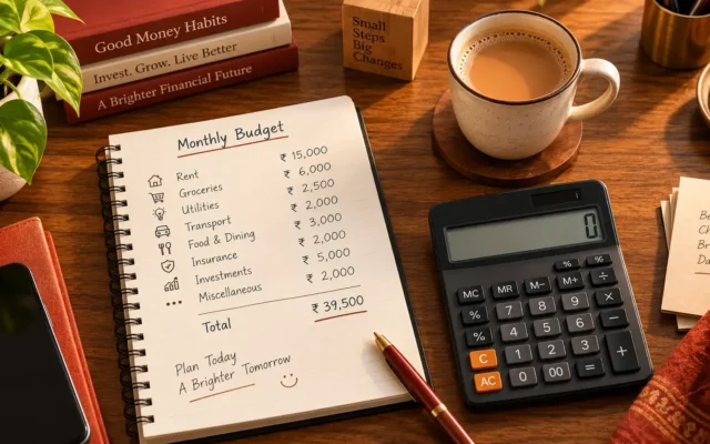 A practical guide to budget on 30000 salary India showing a calculator and Indian rupee notes