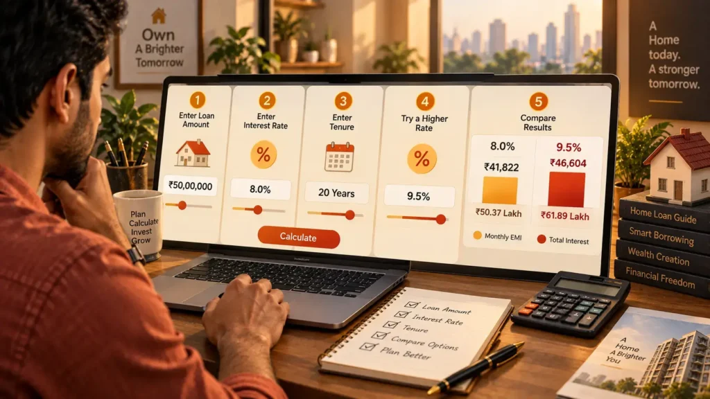 Step-by-step home loan EMI calculator India process on a laptop