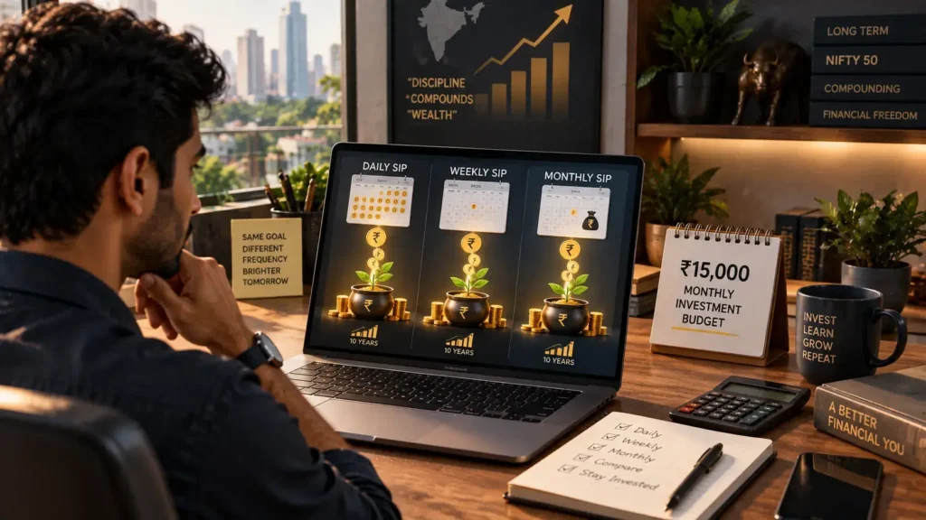 Young Indian software professional comparing daily, weekly, and monthly SIP investment schedules at his desk.