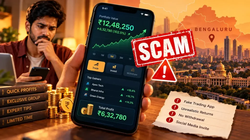 Bengaluru investment fraud alert illustrating trading app scam India