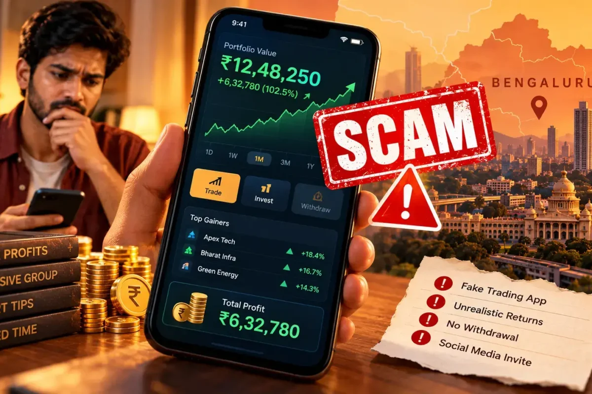 Bengaluru investment fraud alert illustrating trading app scam India