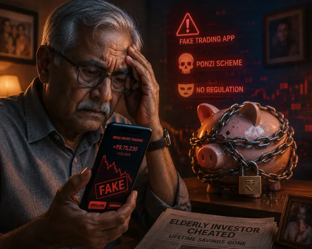A worried elderly Indian man looking at his smartphone with a stock market investment scam India concept