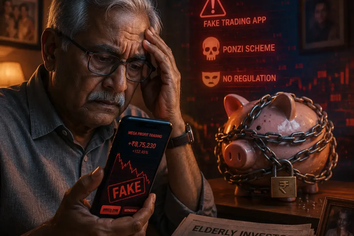 A worried elderly Indian man looking at his smartphone with a stock market investment scam India concept