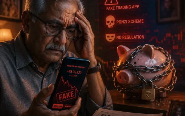 A worried elderly Indian man looking at his smartphone with a stock market investment scam India concept