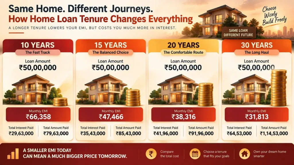 Indian home loan tenure comparison showing EMI versus total interest