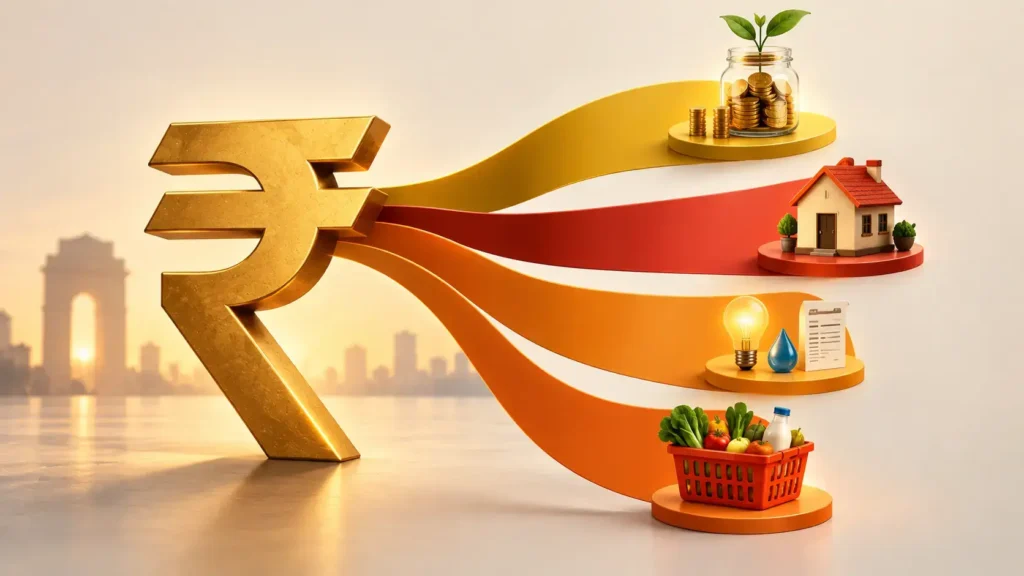 A conceptual illustration of allocating every rupee to different categories for zero-based budgeting india