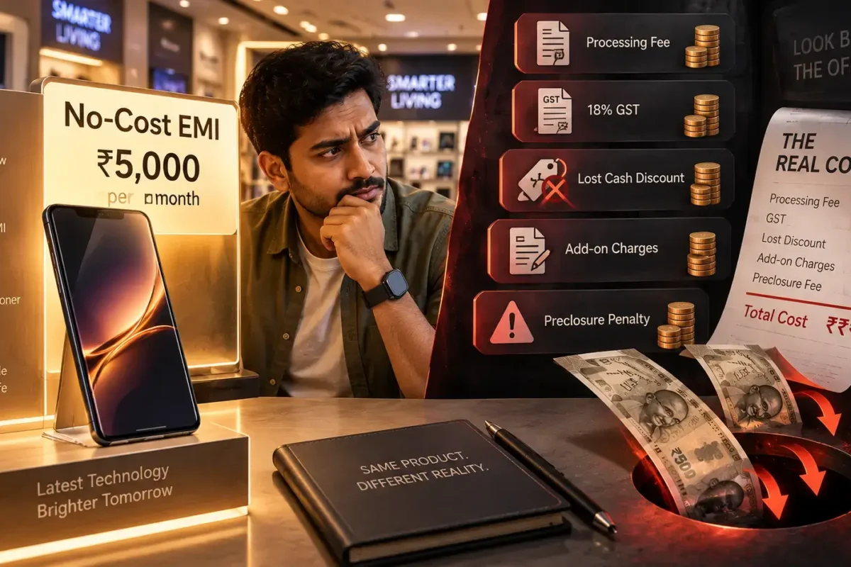 Editorial illustration showing the hidden fees and lost discounts behind no-cost EMI financing in India.